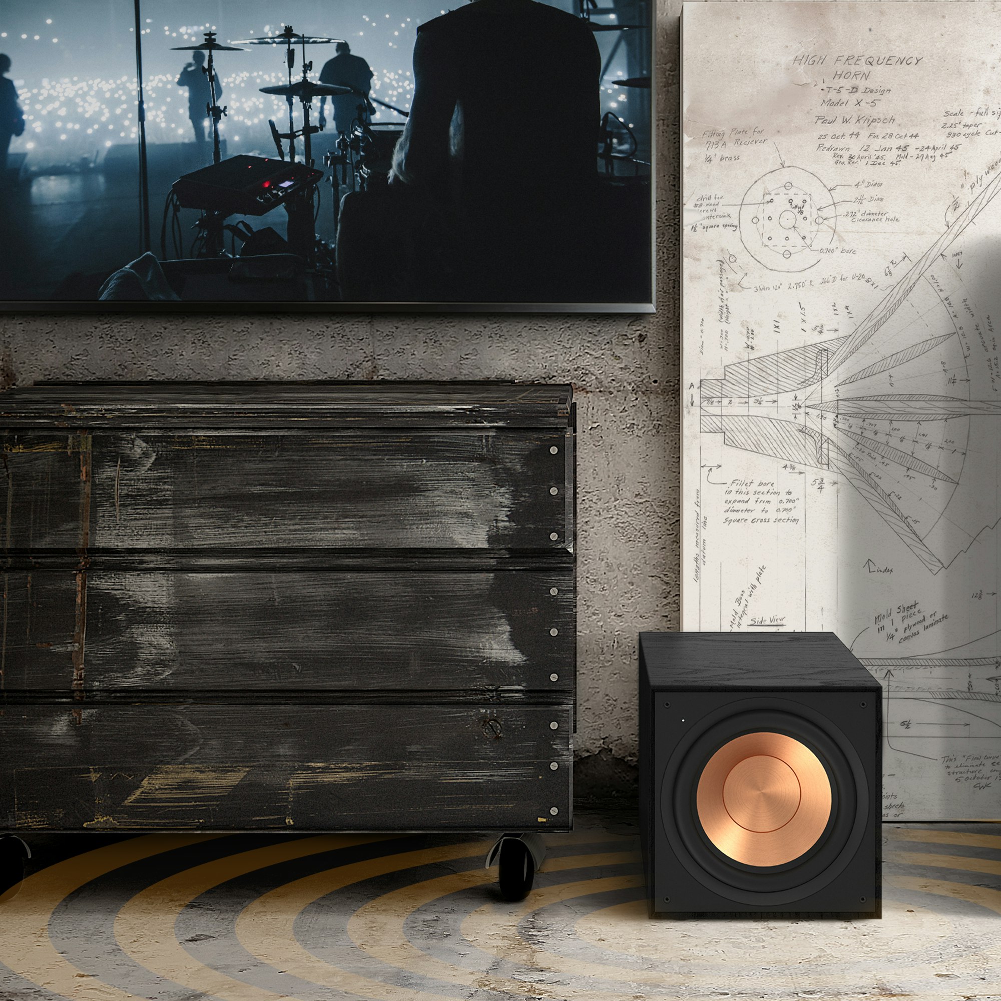 Reference Subwoofer R-101SW next to a dresser